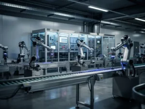 Geautomatiseerde productielijn met robotarmen, transportbanden en oplichtend PLC-bedieningspaneel in een moderne industriële fabriek.