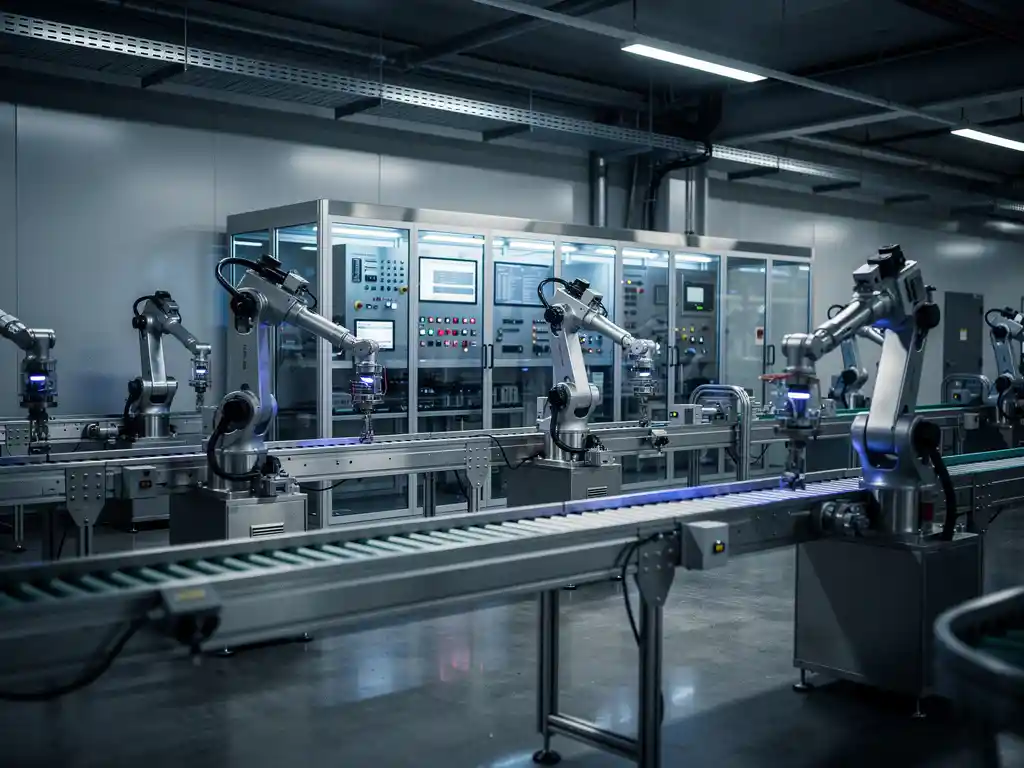 Geautomatiseerde productielijn met robotarmen, transportbanden en oplichtend PLC-bedieningspaneel in een moderne industriële fabriek.