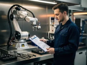 Ingenieur in donkerblauw uniform bekijkt workflow op klembord op fabriekshal met gedeeltelijk gemonteerde robotarm op de achtergrond.