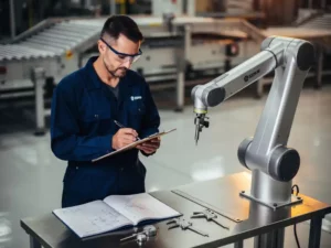 Ingenieur in blauwe overall en veiligheidsbril bestudeert klembord naast collaboratieve robotarm in moderne fabriekshal.