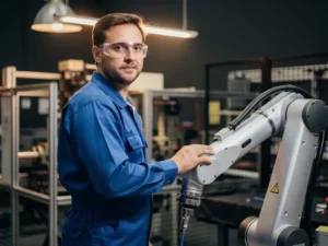 Ingenieur in blauwe overall en veiligheidsbril naast een collaboratieve robotarm in een moderne werkplaats.