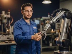Ingenieur in blauwe overall en veiligheidsbril schudt hand met collaboratieve robotarm in moderne fabriek.