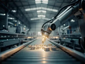 Robotarm assembleert metalen onderdelen op een fabrieksband in een moderne productiefaciliteit met stalen en amberkleurige tinten.