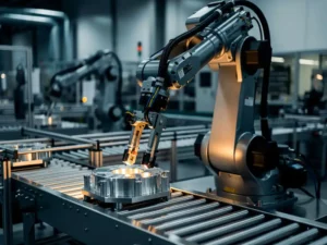 Industriële robotarm manipuleert metalen onderdelen op geautomatiseerde productielijn in Belgische fabriek.