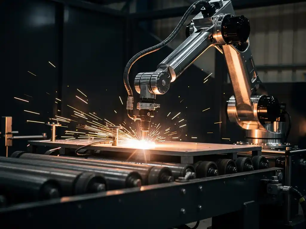 Industriële robotarm last metaalonderdelen op lopende band, gesmolten vonken spatten tegen donker stalen omgeving.