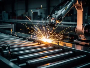 Gearticuleerde robotarm last metaalonderdelen op een fabrieksband, met fel oranje vonken tegen een donkere industriële achtergrond.