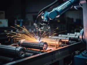 Industriële robotarm last metaalonderdelen op transportband, met oranje vonken tegen donkere fabrieksachtergrond.