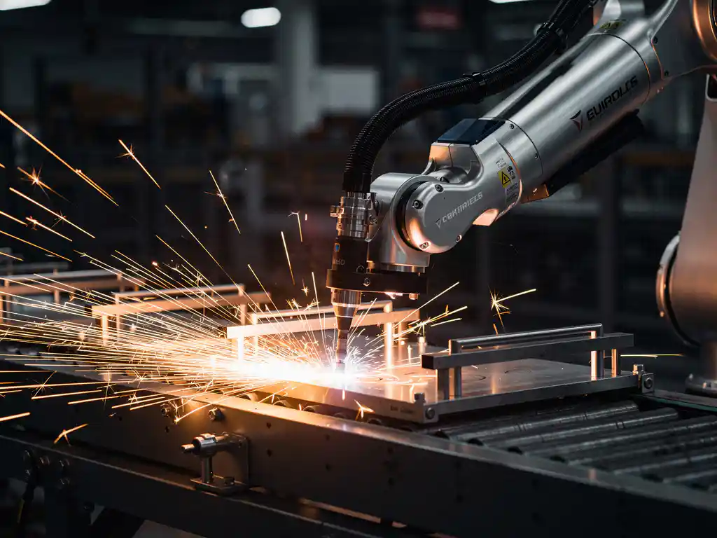Robotarm last metaalonderdelen op transportband, oranje vonken spatten tegen donkere industriële achtergrond.