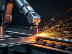 Industriële robotarm last metaalonderdelen op transportband, met spattende vonken tegen donkere fabrieksachtergrond.