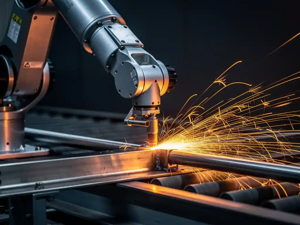 Industriële robotarm last metaalonderdelen op transportband, met spattende vonken tegen donkere fabrieksachtergrond.