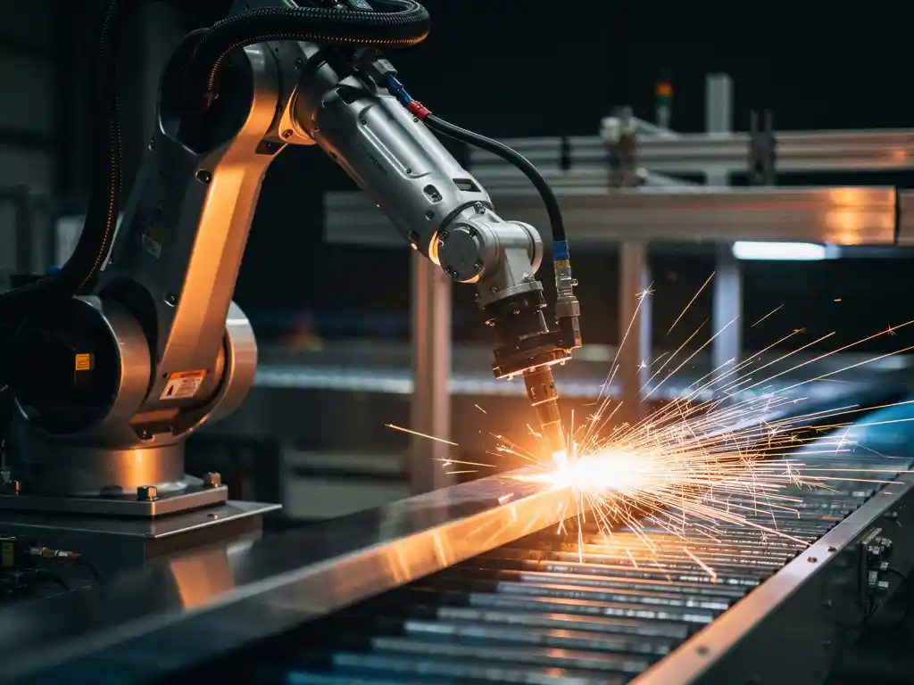 Gelede robotarm last metaalonderdelen op fabrieksband, met spattende vonken en stalen machines op donkere industriële achtergrond.