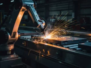 Industriële robotarm last metaalonderdelen op een lopende band, met spattende oranje vonken tegen een donkere fabrieksachtergrond.
