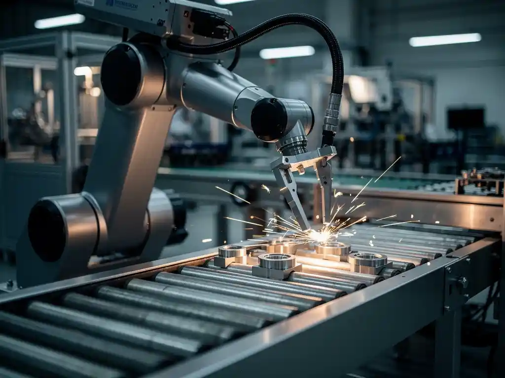 Robotarm assembleert metalen onderdelen op een transportband in een moderne Belgische productiefaciliteit, vonken oplichtend in het omgevingslicht.