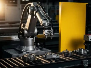 Stilstaande industriële robotarm op productielijn, geblokkeerd door geel veiligheidsbarricade, metalen onderdelen op stalen transportband.