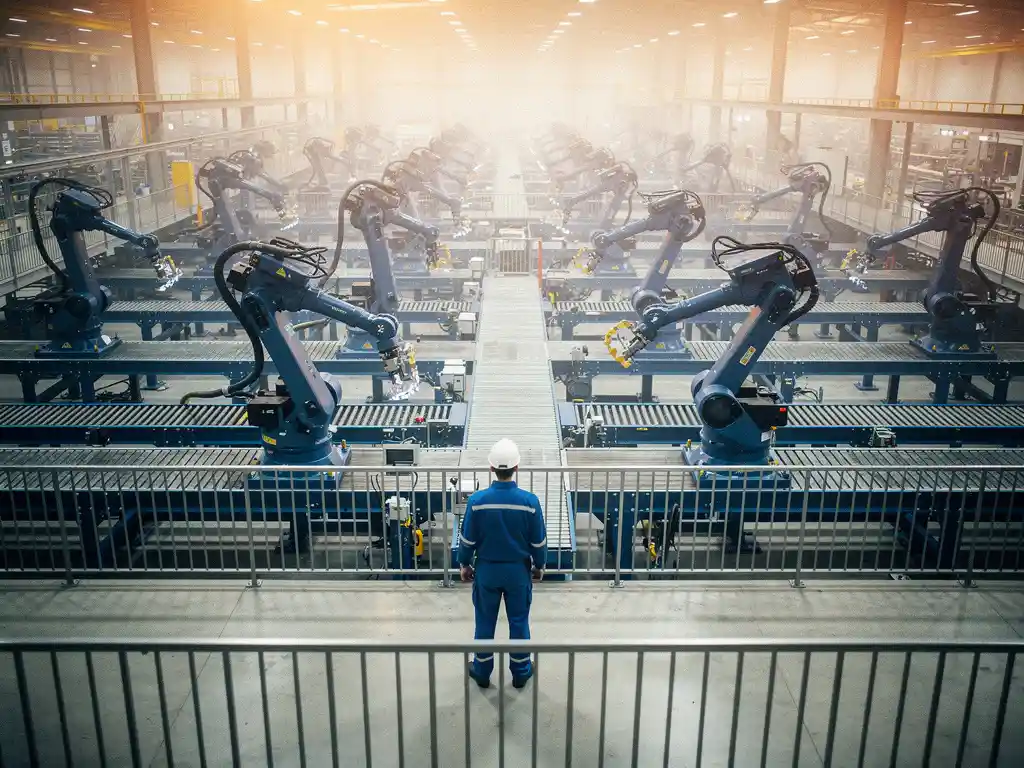 Ingenieur in blauwe overall observeert robotarmen op productielijnen in een moderne, grootschalige fabriek.