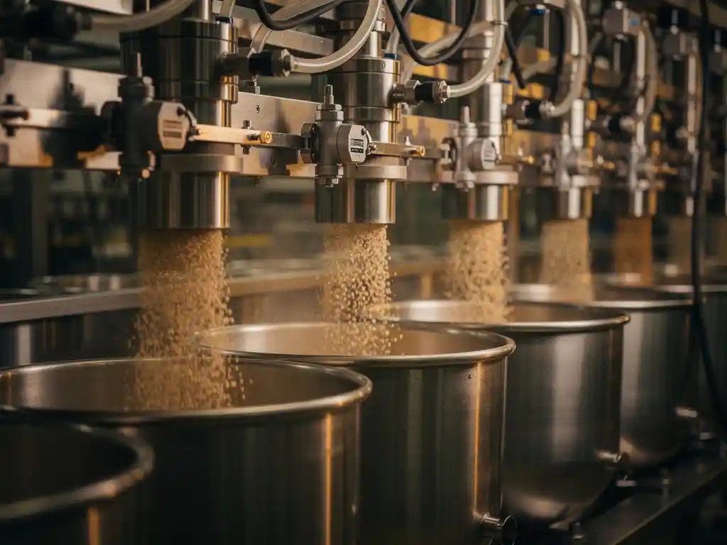 Geautomatiseerd doseersysteem dat droge korrelige ingrediënten in roestvrijstalen mengvaten afvult op een industriële productielijn.