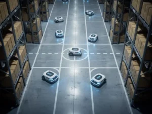 Autonome magazijnrobots rijden in geometrische paden door brede gangpaden tussen hoge metalen stellingen met dozen, bovenaanzicht.