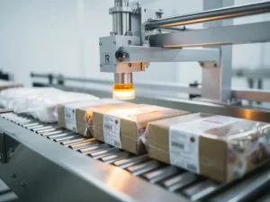Geautomatiseerde etiketteermachine brengt labels aan op voedselverpakkingen op roestvrijstalen transportband in hygiënische fabriek.