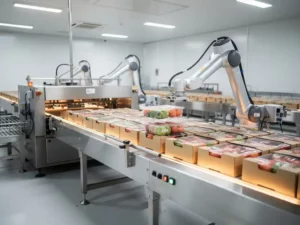 Volledig geautomatiseerde voedselverpakkingslijn met robotarmen die verse producten verzegelen op roestvrijstalen transportbanden.