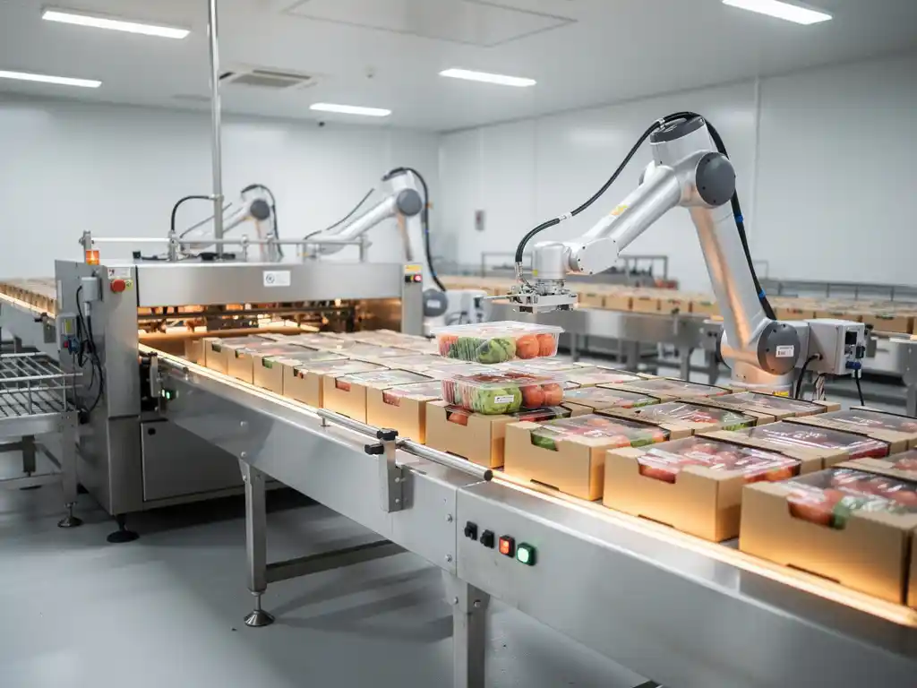 Volledig geautomatiseerde voedselverpakkingslijn met robotarmen die verse producten verzegelen op roestvrijstalen transportbanden.