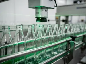 Industriële visioncamera boven transportband die glazen flessen scant met groen laserlicht in witte fabrieksom­geving.