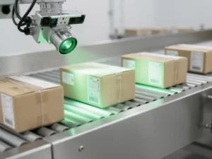 Industriële visioncamera scant gelabelde productdozen op roestvrijstalen transportband in witte verwerkingsfaciliteit.