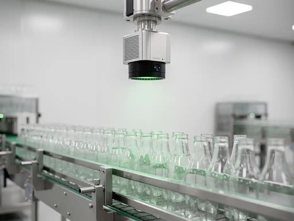 Industriële visioncamera scant glazen flessen op een roestvrijstalen productielijn met groen scanlicht.