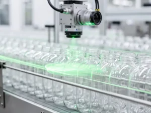 Industriële visioncamera scant glazen flessen op stalen transportband met groene laserlijnen in witte fabrieksomgeving.