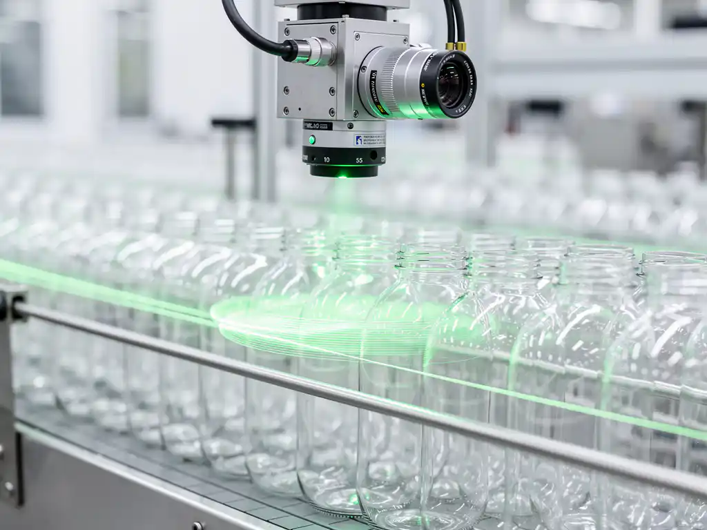 Industriële visioncamera scant glazen flessen op stalen transportband met groene laserlijnen in witte fabrieksomgeving.