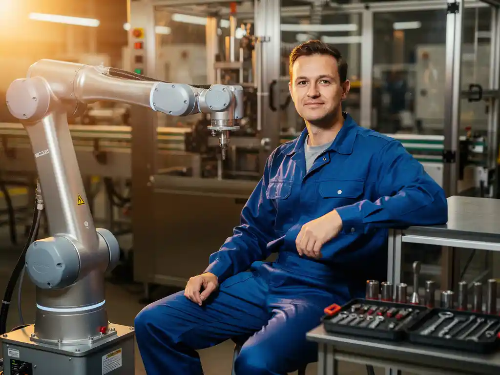 Mannelijke engineer in blauwe werkkleding naast een collaboratieve robotarm op een fabrieksvloer, ontspannen en zelfverzekerd.