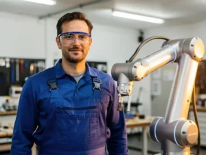 Mannelijke ingenieur in blauwe overall en veiligheidsbril naast een collaboratieve robotarm in een moderne werkplaats.