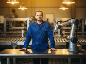 Mannelijke ingenieur in blauwe overall naast een collaboratieve robotarm in een moderne werkplaats met warm gouden taaklicht.