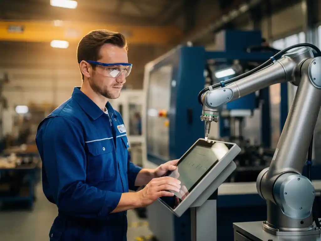 Ingenieur in blauwe overall en veiligheidsbril programmeert een collaboratieve robotarm via een touchscreen in een moderne fabriek.