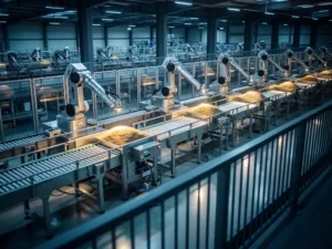 Moderne productiefaciliteit met robotarmen op roestvrijstalen transportbanden, gezien vanaf een mezzanine loopbrug in blauw-amberverlichting.