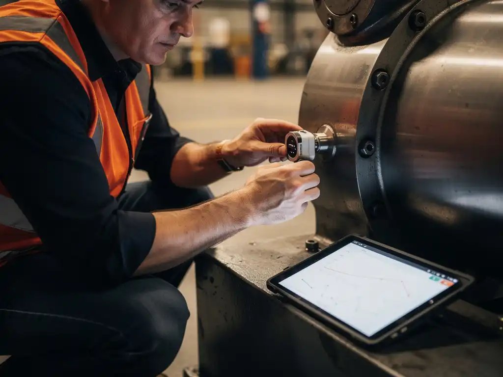 Technicus in oranje veiligheidsvest bevestigt draadloze vibratiesensor op industriële machine, tablet met onderhoudsgrafiek op stalen behuizing.