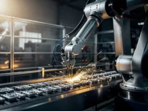 Robotarm assembleert metalen onderdelen op lopende band, met gouden vonken en glanzend roestvrijstaal in moderne fabriek.