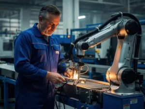 Ingenieur in blauwe overall integreert robotarm met legacy transportband op actieve fabriekswerkvloer, kabels en sensoren zichtbaar.