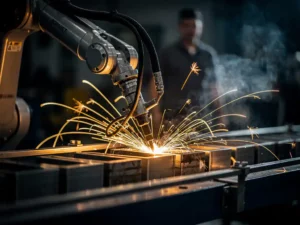 Robotarm last metaalonderdelen op lopende band, gouden vonken spatten tegen donkere industriële achtergrond met menselijk silhouet op de achtergrond.
