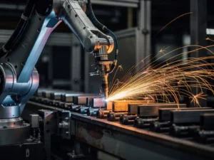 Industriële robotarm last metaalonderdelen op transportband, met oranje vonken tegen donkere fabrieksachtergrond.