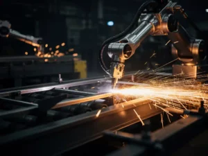 Industriële robotarm last metaalonderdelen op transportband, met oranje vonken tegen donkere fabrieksachtergrond.