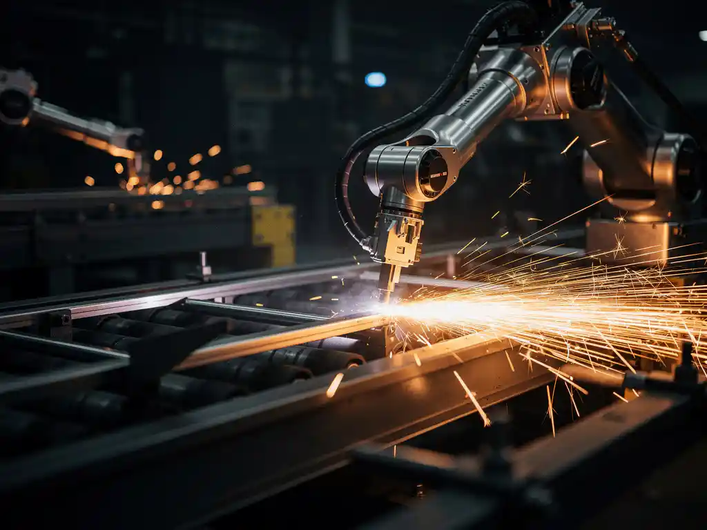 Industriële robotarm last metaalonderdelen op transportband, met oranje vonken tegen donkere fabrieksachtergrond.