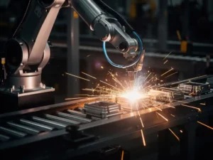 Industriële robotarm die metaalonderdelen last op een transportband, met oranje vonken tegen een donkere fabrieksachtergrond.