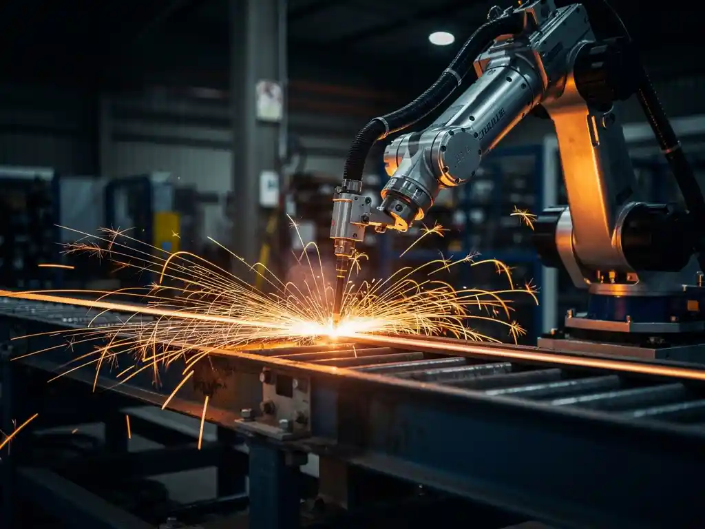 Industriële robotarm last metaalonderdelen op lopende band, met spattende oranje vonken tegen donkere fabrieksachtergrond.