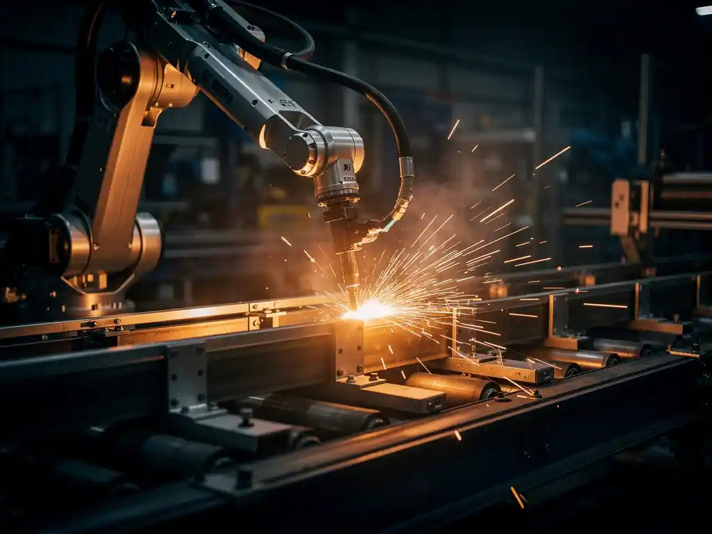 Industriële robotarm last metaalonderdelen op lopende band, vonken spatten tegen donkere fabrieksachtergrond met amberkleurige belichting.