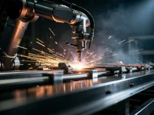 Robotarm last metaalonderdelen op lopende band, oranje vonken spatten tegen donkere industriële achtergrond met stalen machines op voorgrond.
