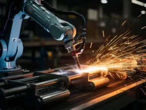 Industriële robotarm last metaalonderdelen op lopende band, oranje vonken spatten tegen donkere fabrieksachtergrond.