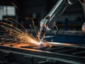 Industriële robotarm last metaalonderdelen op lopende band, oranje vonken spatten tegen donkere fabrieksachtergrond.