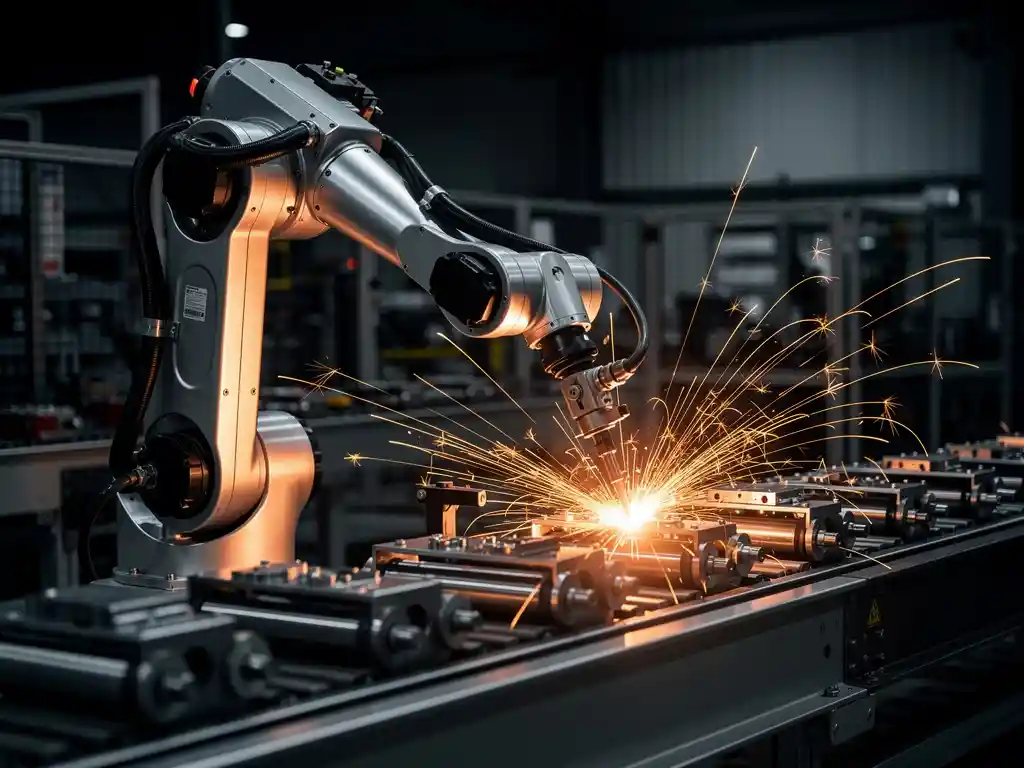 Industriële robotarm last metaalonderdelen op lopende band, oranje vonken spatten tegen donkere fabrieksachtergrond.