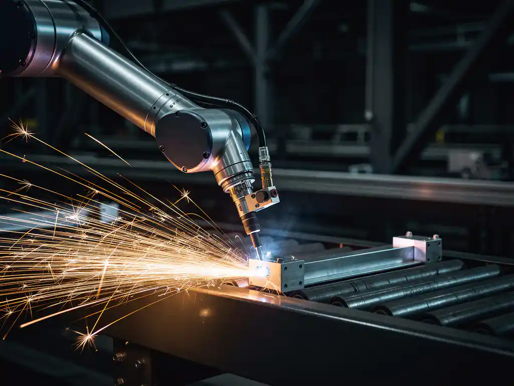 Industriële robotarm last metaalonderdelen op transportband, met fel oranje vonken tegen donkere fabrieksachtergrond.