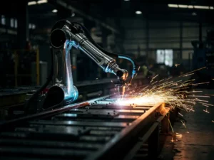Industriële robotarm last metaalonderdelen op lopende band, met oranje vonken tegen een donkere stalen fabrieksvloer.